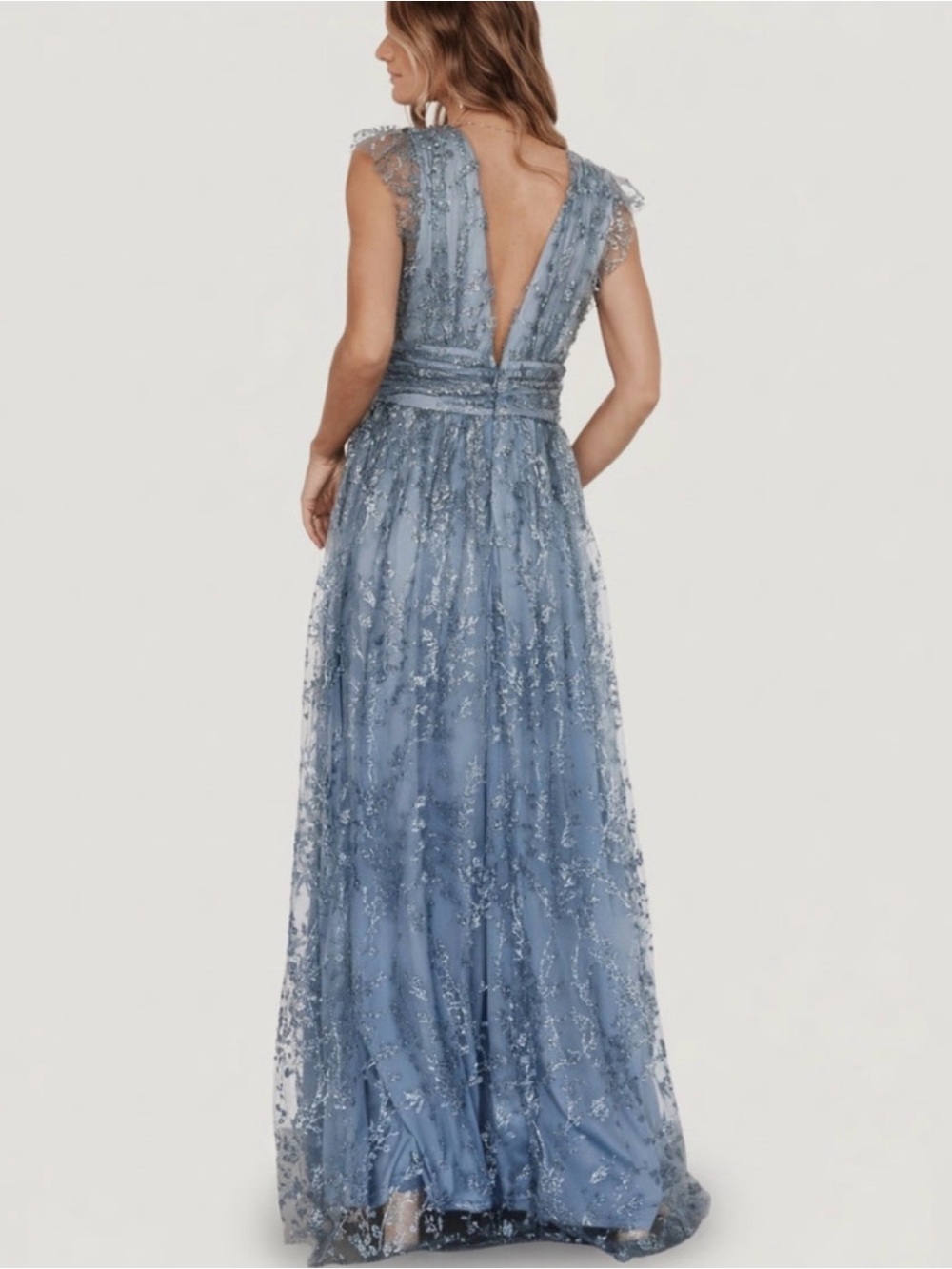 Elegant Baltic Born Dusty Blue Embroidered Cap-Sleeve Evening Dress - Picture 3 of 3